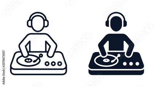 Fotografie DJ Icon: A graphic representation of a disc jockey wearing headphones and skillfully operating a turntable, symbolizing music, performance, and entertainment