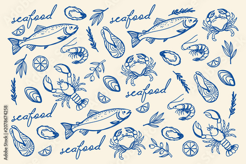 Photos Set of hand-drawn seafood elements: fish, shrimp, crabs, lobsters, oysters, lemons and herbs