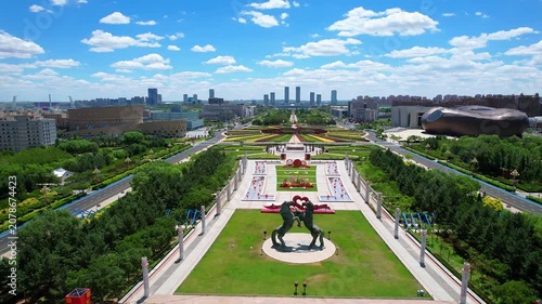 Aerial view of Two Steeds Square in Kangbashi New District, Ordos, Inner Mongolia, China