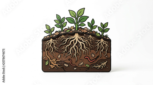 Foto Cross section of soil showing plant roots and growth.
