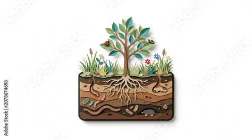 Foto Illustration of a tree with visible roots and soil layers.