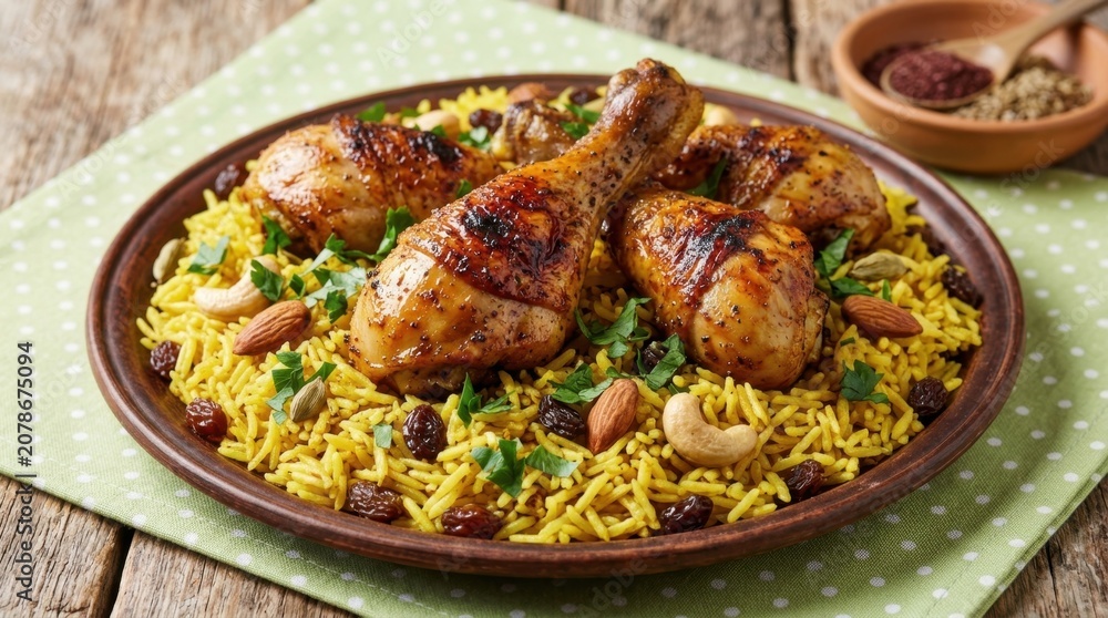 Fototapeta premium Savory Roasted Chicken Drumsticks Served Over Fragrant Yellow Rice With Almonds, Cashews, and Raisins