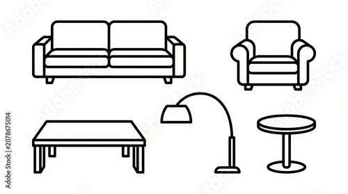 Minimal Furniture Outline Icon Set, Black and White Home Interior Symbols