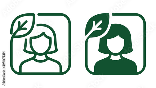 Eco-friendly Profile: Two stylized icons of a person's profile, framed by a leaf and stem, representing eco-consciousness and sustainable living. The icons, one outlined and one filled.