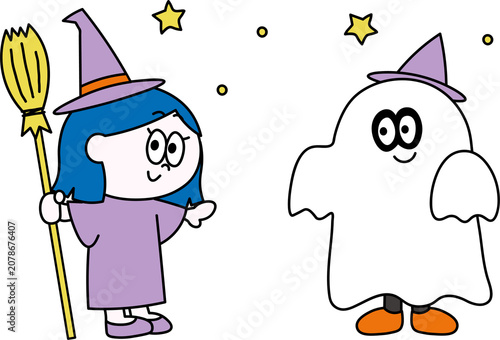 10月_魔女とおばけに仮装するこどものイラスト（ハロウィン）（PNG）