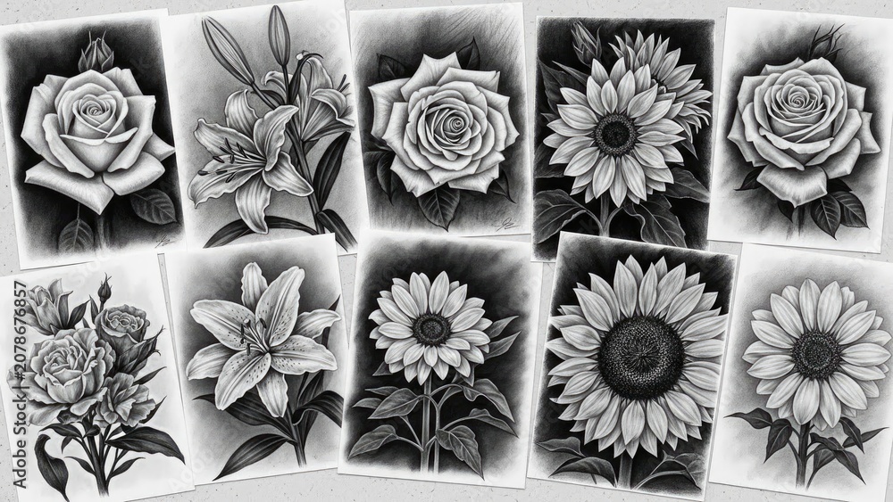 Naklejka premium Black-white sketches of roses, lilies, and sunflowers in a row