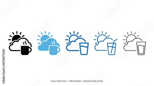 Five daily routine icons with sun, cloud, and beverage cups, symbolizing design evolution, hydration, progression, lifestyle, and temporal change.