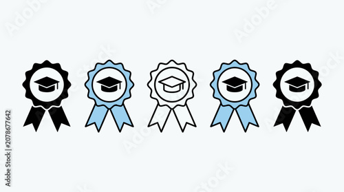 Five ribbon badges with graduation cap icons, symbolizing academic achievement, recognition, education, awards, honor, success, and accomplishment.