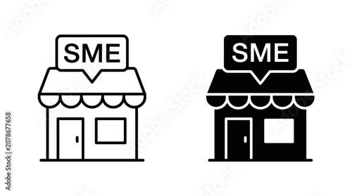 Two SME storefront icons, black‑and‑white design, symbolizing small business identity, entrepreneurship, commerce, and local enterprise representation.
