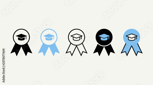 Five academic ribbon icons with graduation cap symbols, representing education, certification, scholarly achievement, recognition, honor, success, and accomplishment.