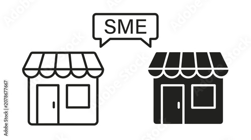 Two stylized storefront icons, one outlined with SME label, one solid black, symbolizing small business identity, commerce, and enterprise.