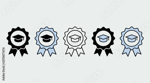 Five ribbon badges with graduation cap icons, symbolizing academic achievement, recognition, education, awards, honor, success, and accomplishment.