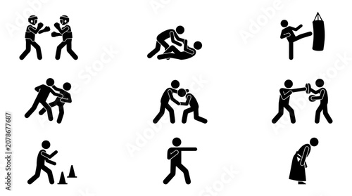 Nine martial arts icons, stick figures sparring, grappling, striking, agility drills, punching, throwing, bowing, discipline, respect, and training.