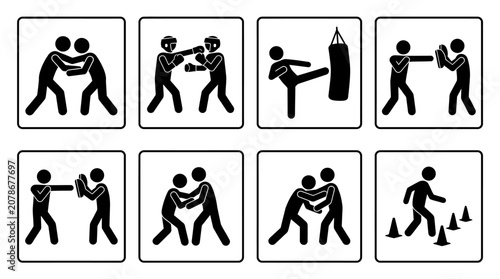 Eight square martial arts icons, stick figures performing sparring, grappling, striking, blocking, drills, conditioning, and self‑defense techniques.
