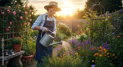 Woman watering colorful flowers in garden at sunset with cat
