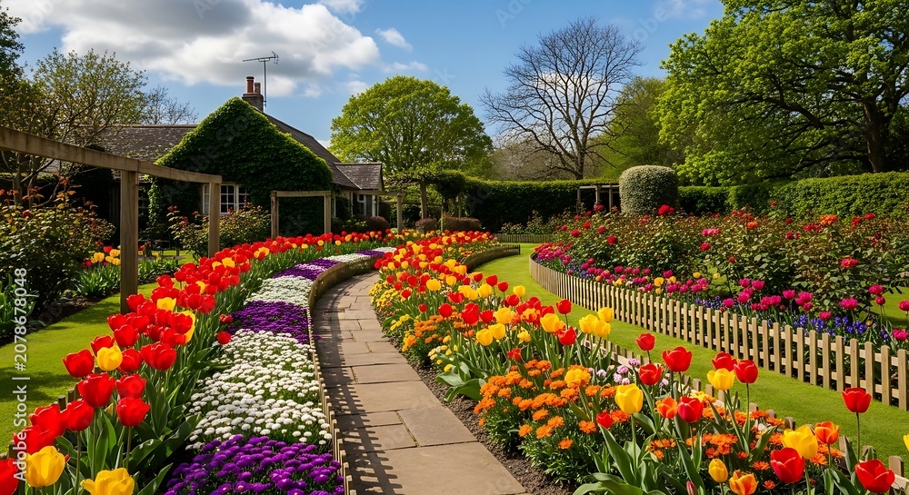 Fototapeta premium Vibrant garden pathway with colorful tulips and flowers leading to a house