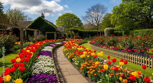 Vibrant garden pathway with colorful tulips and flowers leading to a house