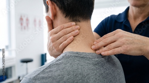Professional therapist massaging man's neck for pain relief in a clinic environment