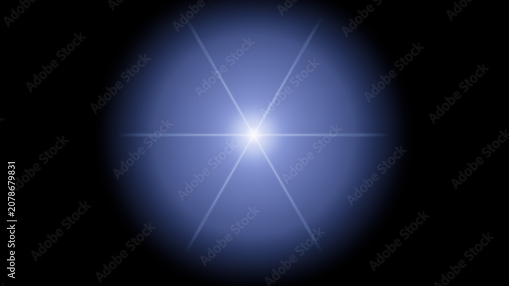 Fototapeta premium flare overlay light blue central star with glowing aura on black background, optical lens glow effect, realistic sunburst shimmer, professional photo editing beam, isolated glow