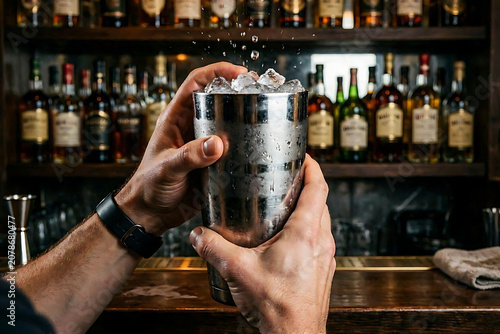 Professional Bartender Shaking a Metal Cocktail Shaker with Ice and Water Splashes at a Bar Counter
