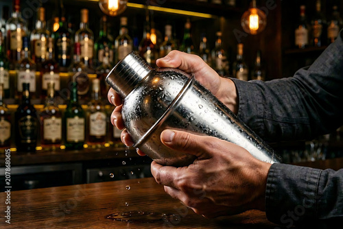 Professional Bartender Hands Actively Shaking a Metal Cocktail Shaker at a Dimly Lit Bar Counter Preparing Craft Beverages