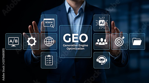 Generative engine optimization business concept with AI and SEO icons