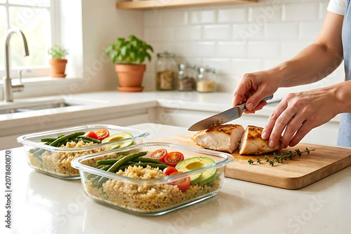 Person Preparing Healthy Protein Rich Chicken and Quinoa Meal Prep Containers in a Modern Kitchen