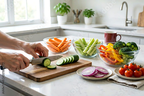 Person cutting fresh cucumber on a wooden chopping board surrounded by bowls of assorted colorful raw vegetables in a modern kitchen