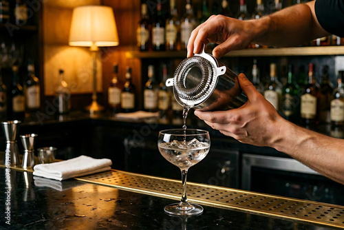 Bartender preparing a refreshing cocktail with ice and garnish in a stylish bar setting
