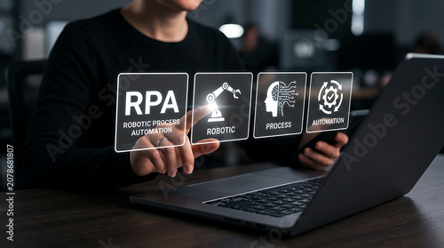 Robotic process automation RPA concept with businessman working on laptop