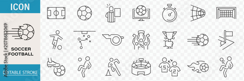 Soccer and football line icon set vector elements for sports tournament championships and training equipment designs. containing stadium ball whistle jersey field and scoreboard symbols match elements