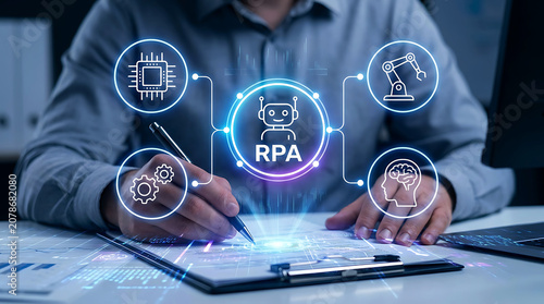 Developer typing on laptop with robotic process automation rpa gears