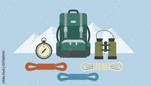 Adventure hiking gear collection including a green backpack, compass, binoculars, and climbing ropes in front of snowy mountains.