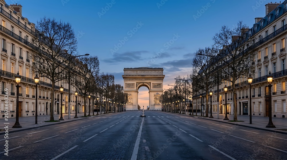 Naklejka premium Empty Champs-Elysees and Arc de Triomphe at Sunrise, Paris