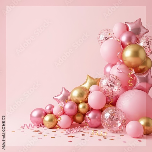 Pink and gold balloons with confetti on a pastel pink background. Festive celebration backdrop with empty space for text. Holiday event banner for greeting card or product advertisement.