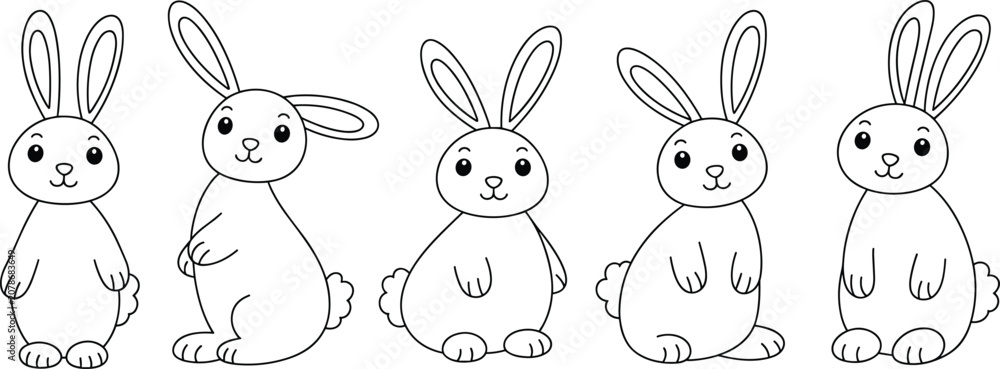 Naklejka premium Five cute cartoon bunnies in a row with simple line art style for Easter and spring designs