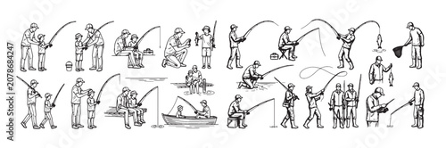 Fishing Activity Line Art Collection – Anglers Catching Fish from Shore and Boat Set