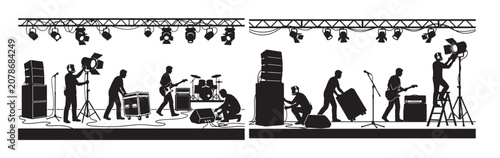 Live Concert Stage Setup With Band, Crew, Lighting and Sound Equipment Being Prepared