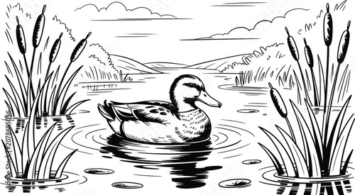 Duck preening in tranquil pond with reeds and ripples during soft daylight in a sketch style