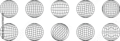 Fotografía Wireframe globe sphere set with geometric grid mesh and abstract longitude latitude lines