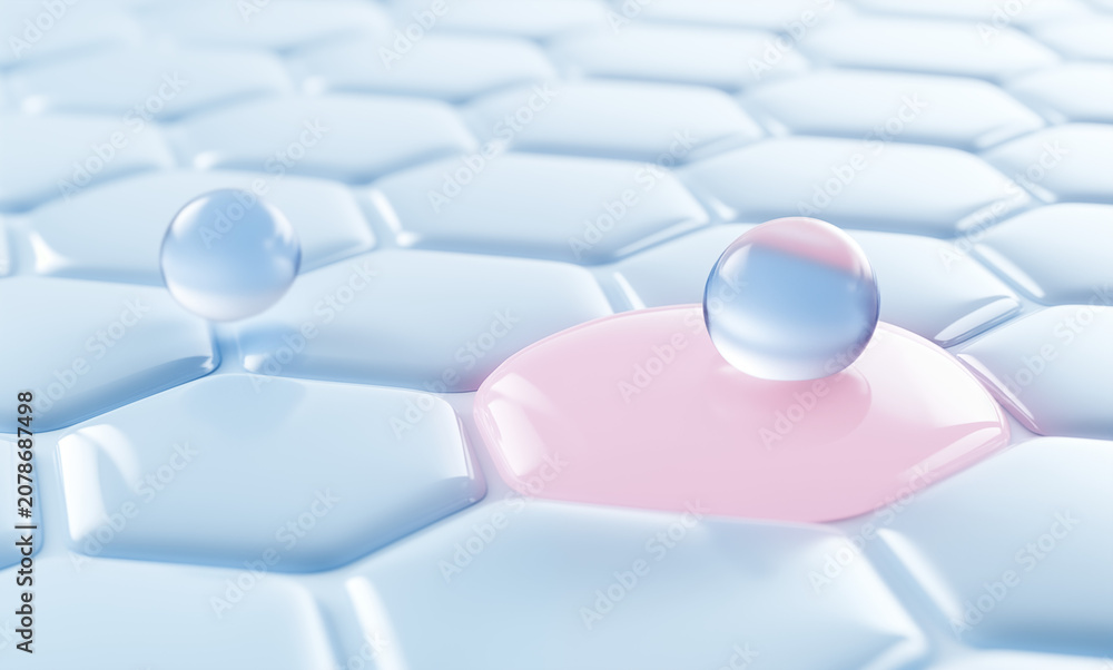 Fototapeta premium 3D render of futuristic skincare science, macro view of translucent human skin cells with soft pastel blue and pink tones, glossy transparent hydration bubbles floating above cellular surface