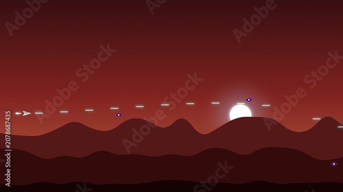 Abstract Spaceship Fleet Navigates Alien Sunset Landscape