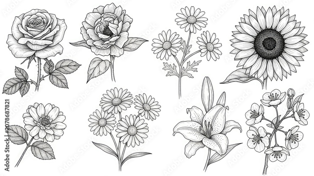 Fototapeta premium Assorted monochrome flower sketches rose, daisy, lily, sunflower, branch