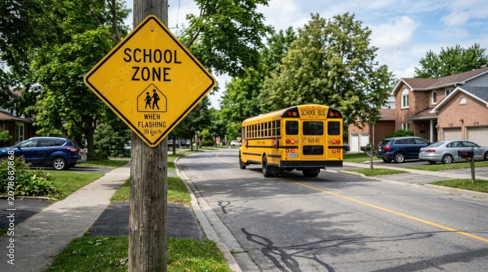 Obraz premium Back to school safety yellow school bus driving through residential neighborhood with school zone sign