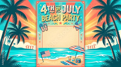 Colorful tropical beach party scene with palm trees and July celebration
