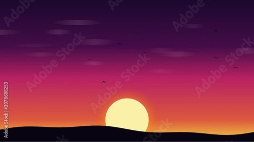 Vibrant Sunset over Rolling Hills with Silhouetted Birds Flying