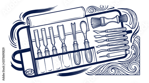 Schilderij op canvas Woodworking chisel set and carving tools in a protective roll
