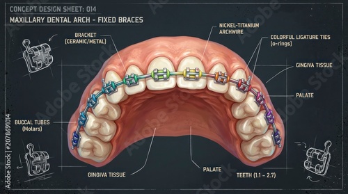 Detailed Dental Illustration of Maxillary Arch with Fixed Braces and Orthodontic Components.