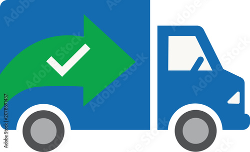 Delivery truck icon with green checkmark arrow, fast shipping and order fulfillment concept vector illustration