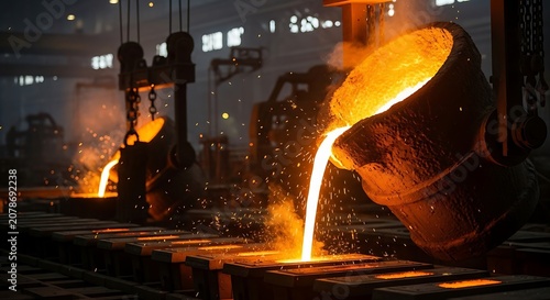Molten metal pouring from large containers into molds in a factory setting